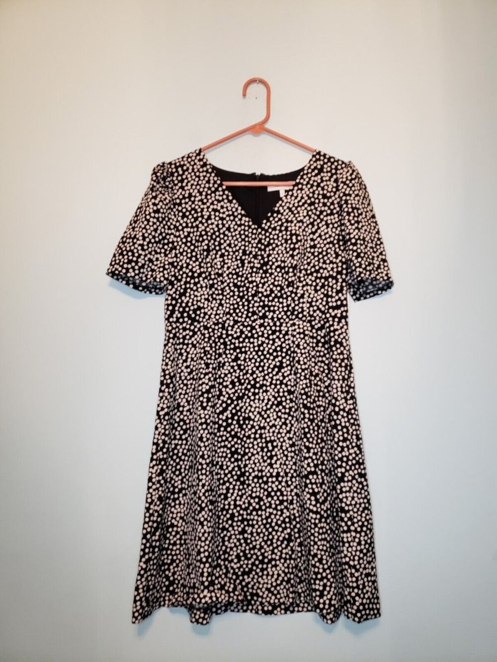 Lark & Ro Women 8 Knee Length Dress A Line Polka Dot Short Sleeve Black NWT